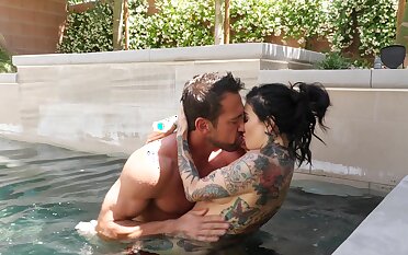 Inked MILF loudly fucked by the pool and left to swallow the big jizz